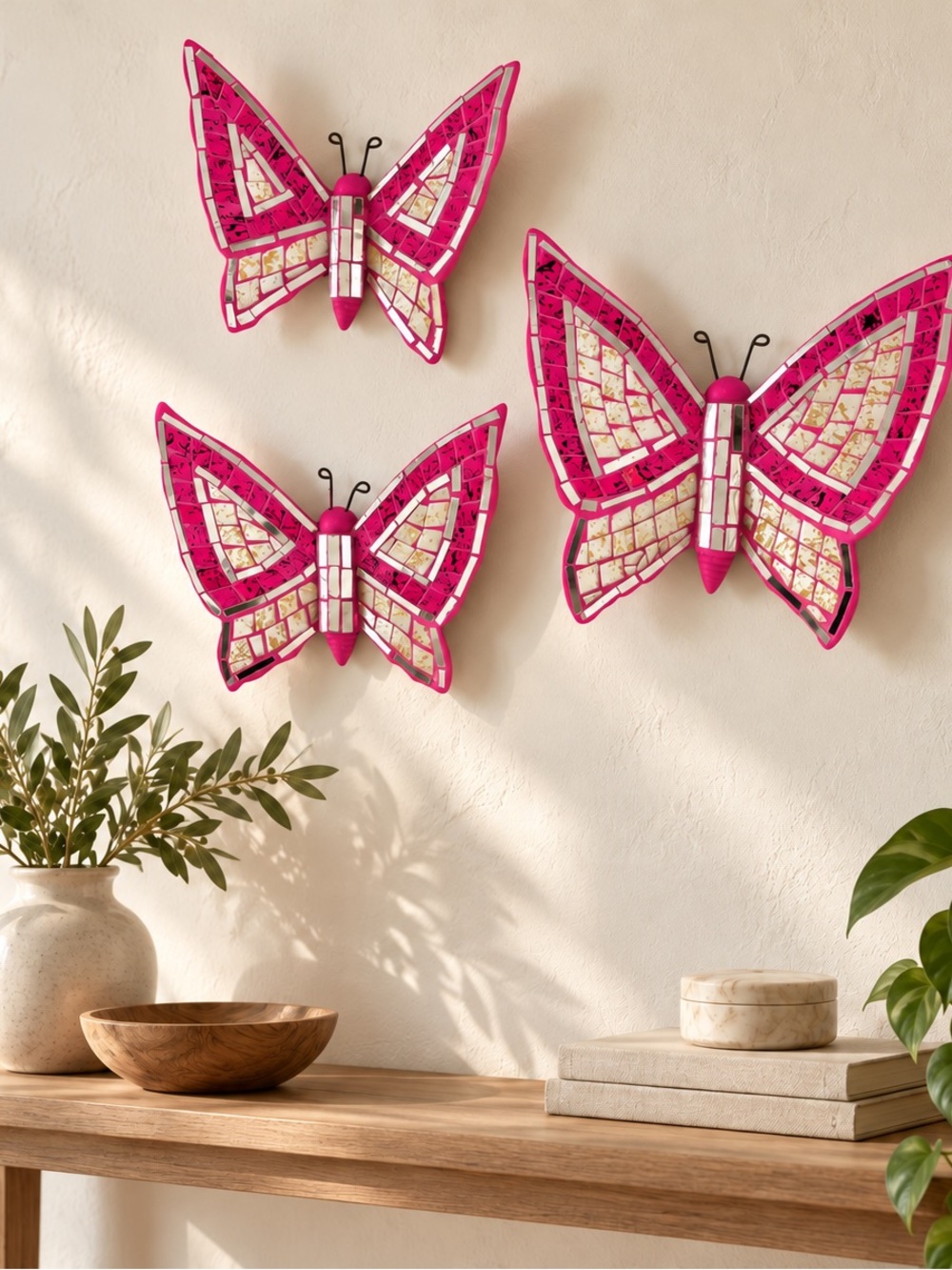 Handmade Pink Mosaic Butterfly Wall Decor Set of 3 Mirrored Ceramic 8”–11”
